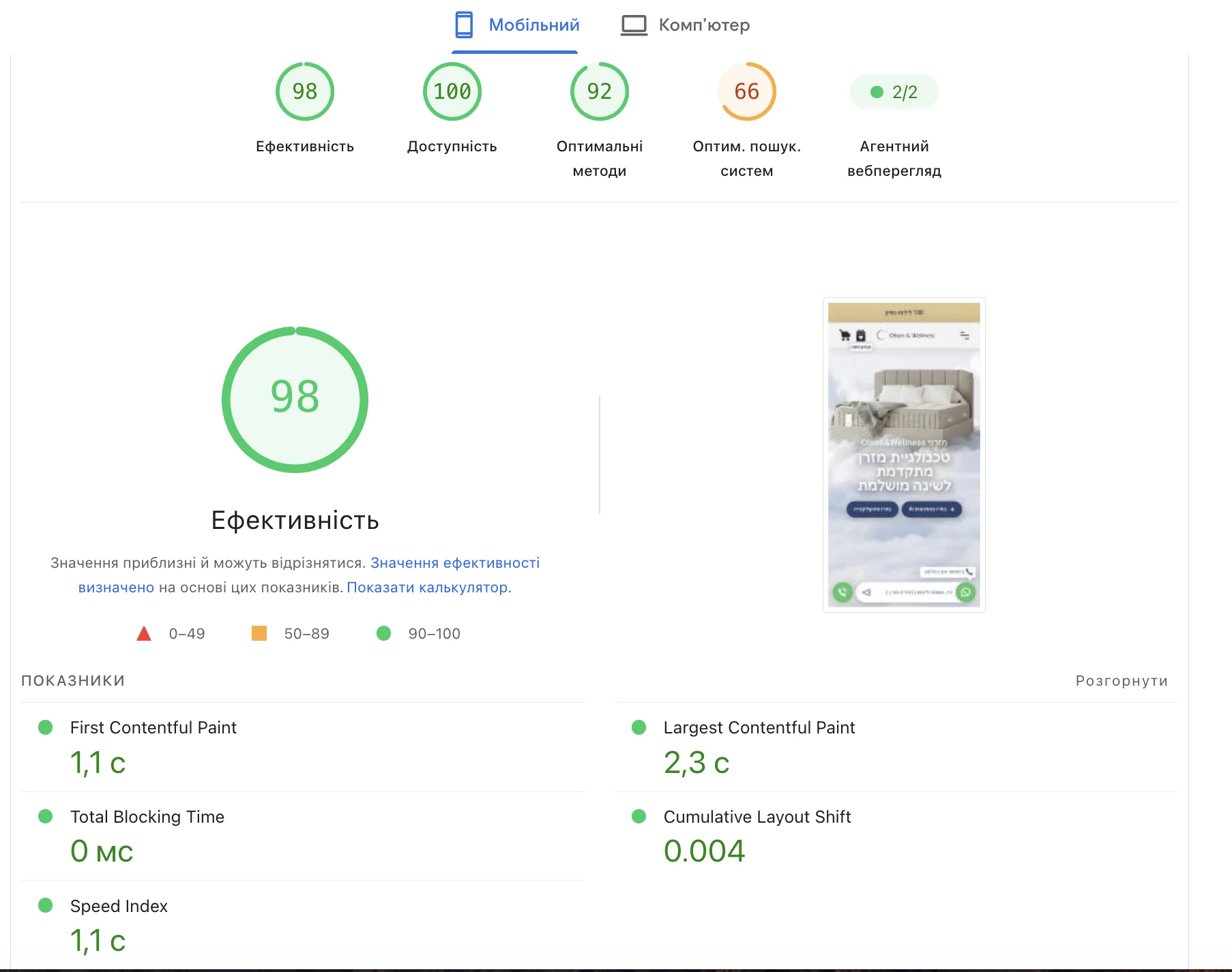 Звіт PageSpeed Olson & Wellness після оптимізації: Performance 98