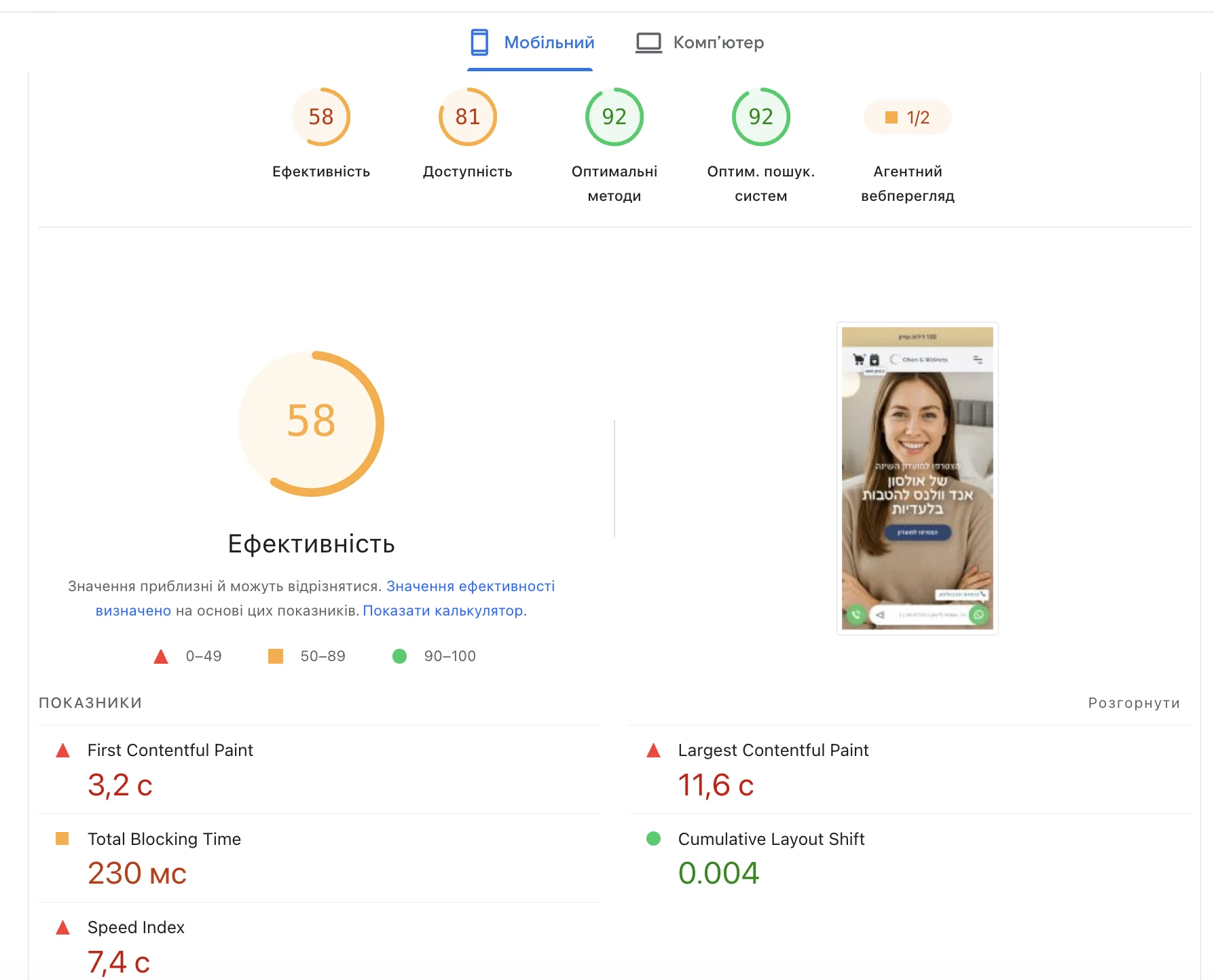 Звіт PageSpeed Olson & Wellness до оптимізації: Performance 58